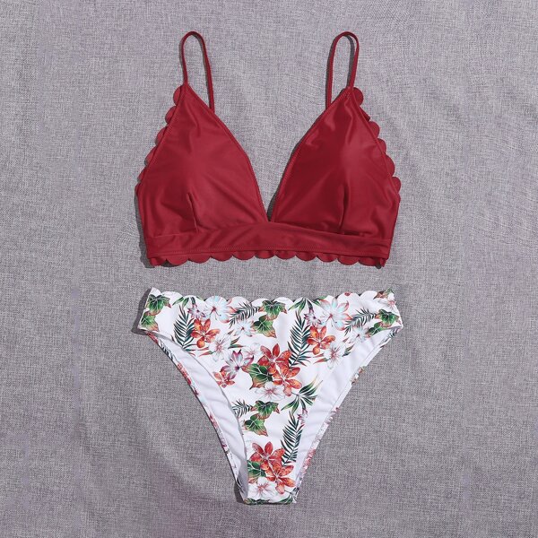 

Plus Floral Scallop Trim Bikini Swimsuit, Multicolor