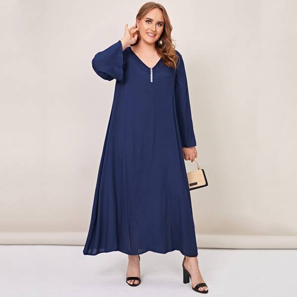 

Plus V-neck Solid Tunic Dress, Navy blue