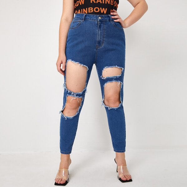 

Plus High Waist Ripped Skinny Cropped Jeans, Medium wash