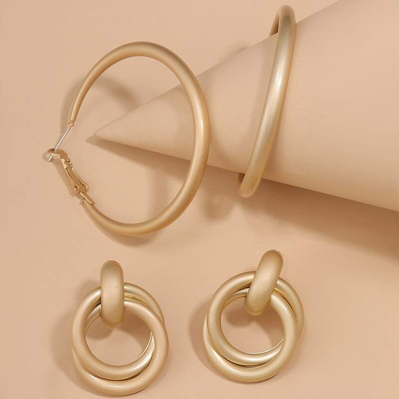 

2pairs Solid Round Design Earrings, Gold