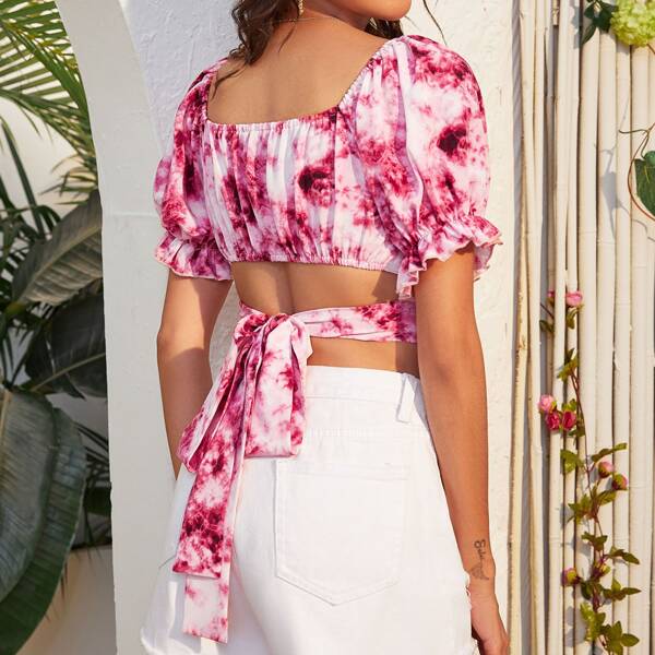 

Puff Sleeve Ruched Bust Tie Dye Knot Back Crop Top, Multicolor