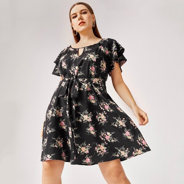 

Plus Keyhole Neck Butterfly Sleeve Belted Floral Dress, Multicolor