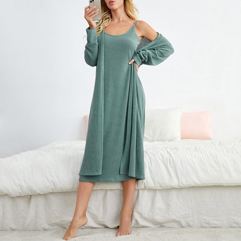 

2 Pack Rib-knit Cami Dress & Robe Lounge Set, Cadet blue