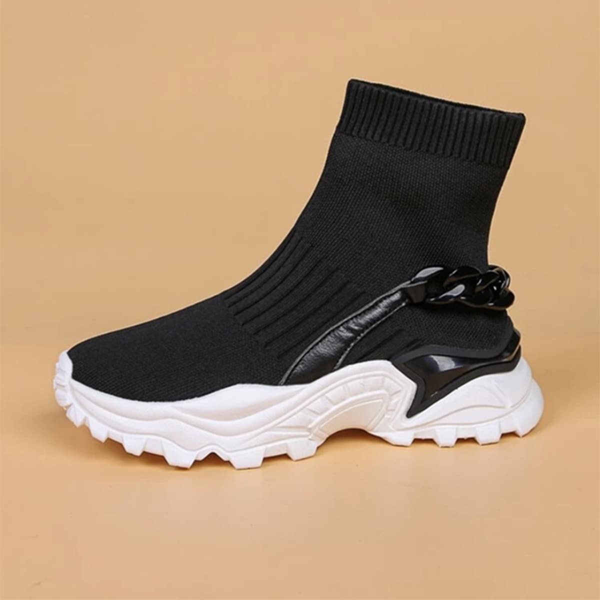 Chain Decor High Top Knit Sneakers, Black