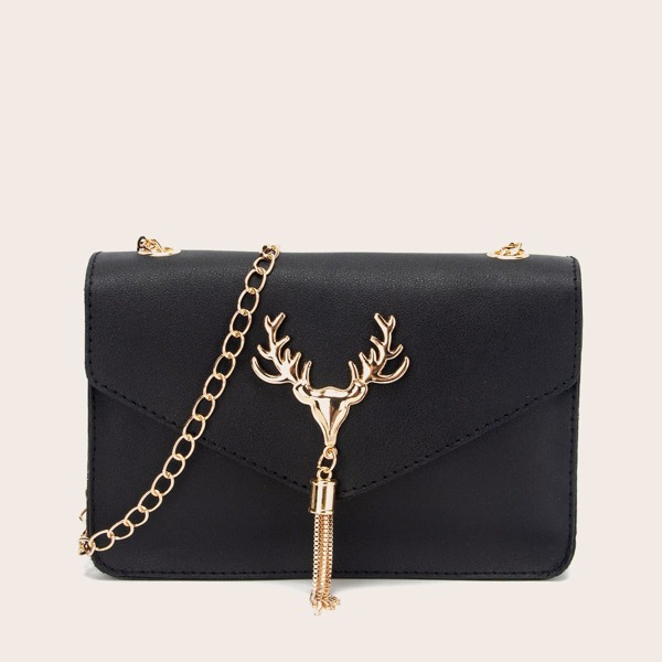 

Metal Tassel Charm Flap Chain Bag, Black
