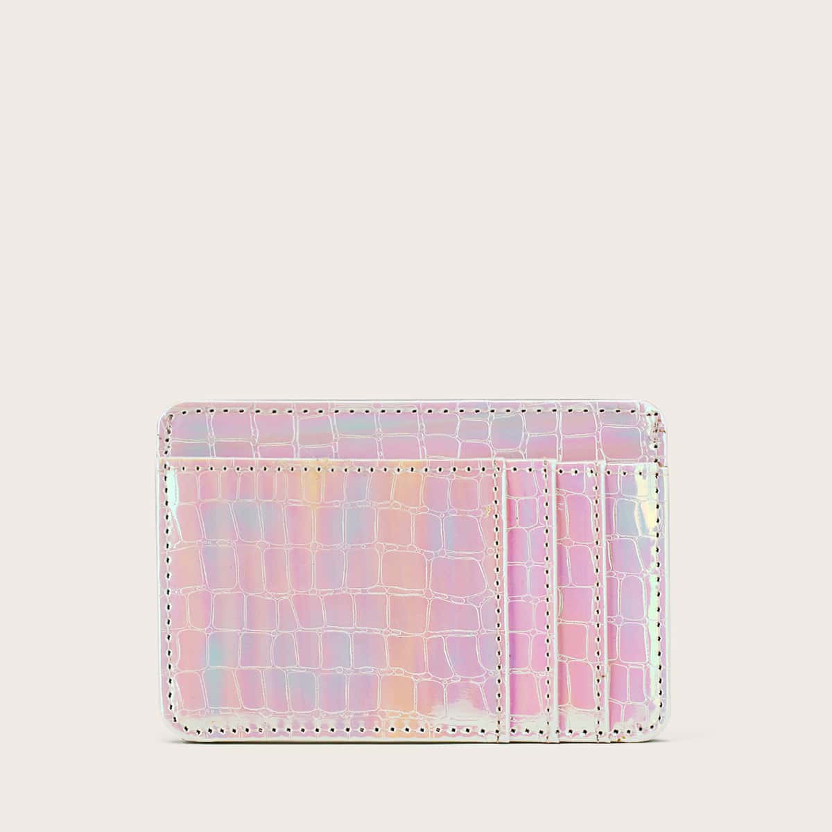 

Holographic Croc Embossed Card Holder, Baby pink