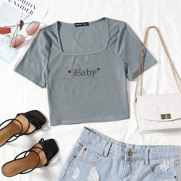 

Letter Embroidery Rib-knit Crop Tee, Grey
