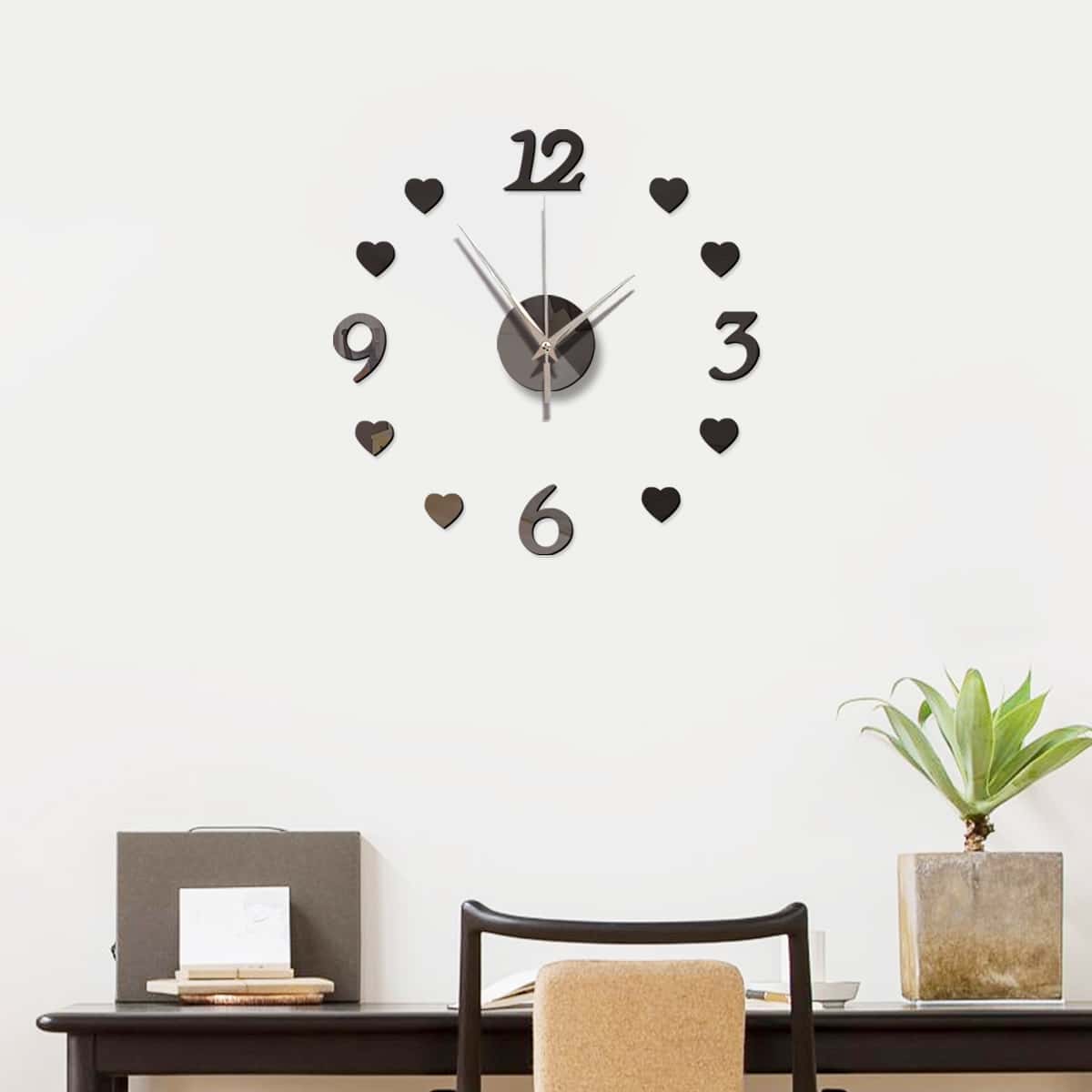 

1set Heart Mirror Surface Wall Clock, Black
