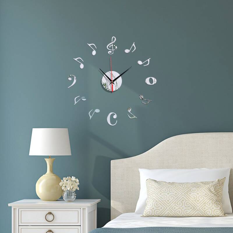 

1set Music Note Mirror Surface Wall Clock, Silver