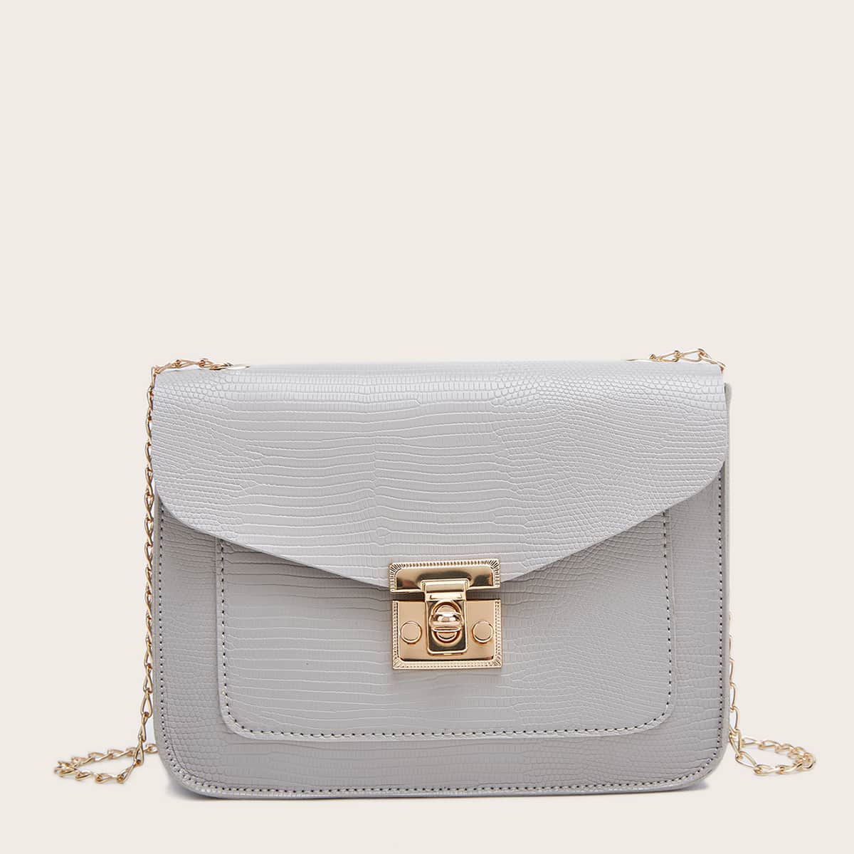 

Lizard Embossed Chain Crossbody Bag, Light grey