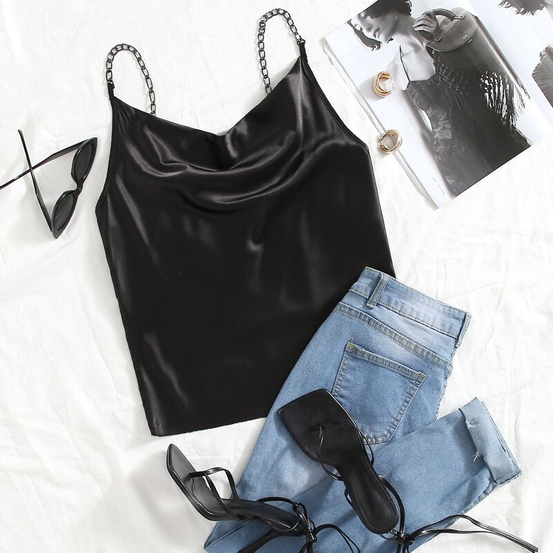 

Chain Detail Satin Cami Top, Black