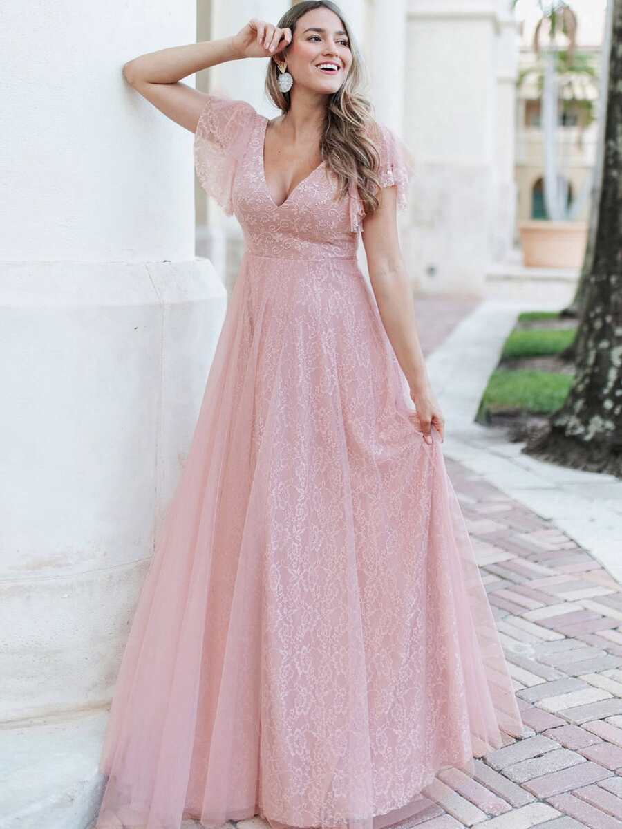 EVERPRETTY Flutter Sleeve Lace Prom Dress - Pink - View 1