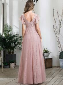 EVERPRETTY Flutter Sleeve Lace Prom Dress - Pink - View 2