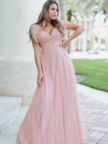 EVERPRETTY Flutter Sleeve Lace Prom Dress - Pink - View 4