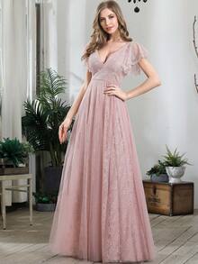 EVERPRETTY Flutter Sleeve Lace Prom Dress - Pink - View 6