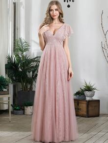 EVERPRETTY Flutter Sleeve Lace Prom Dress - Pink - View 7