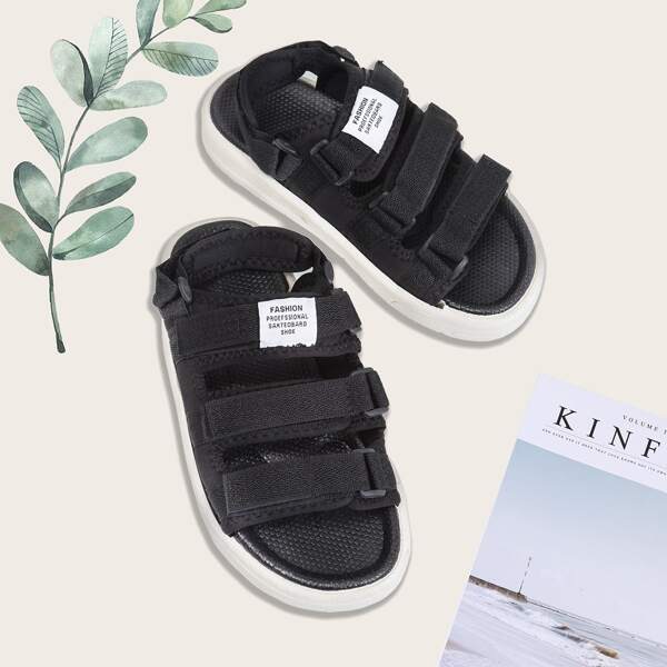 

Letter Patch Velcro Strap Sport Sandals, Black