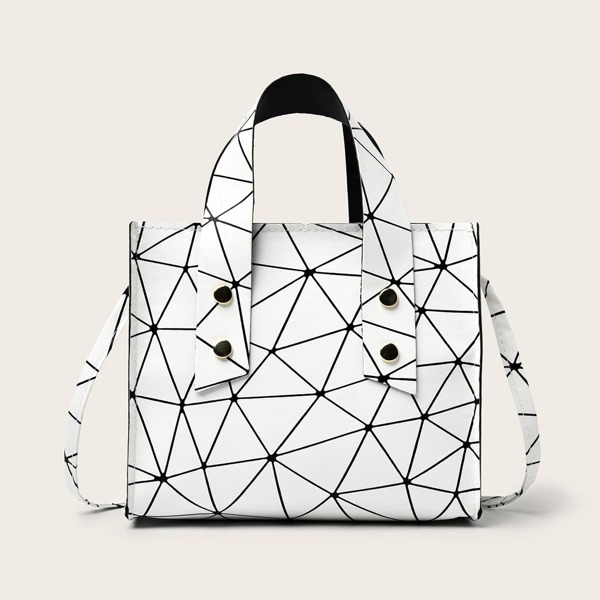 

Studded Decor Geometric Graphic Satchel Bag, White