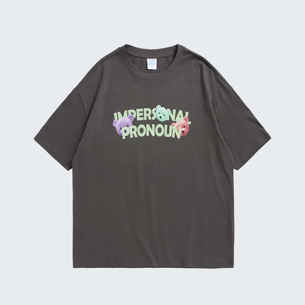 

Men Teddy Bear & Letter Graphic Tee, Dark grey