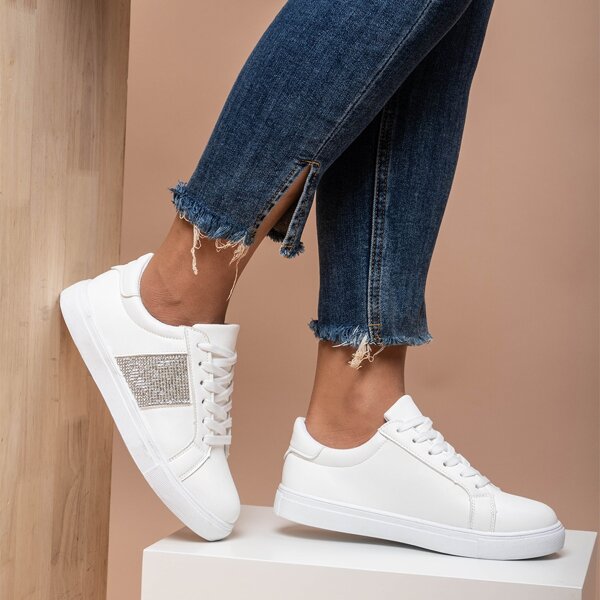 

Rhinestone Decor Lace-up Front Skate Shoes, White