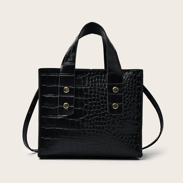 

Studded Decor Croc Embossed Satchel Bag, Black