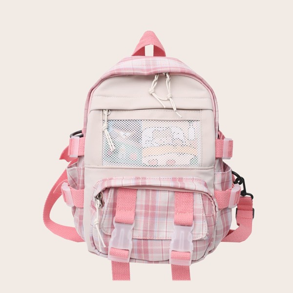 

Plaid Contrast Mesh Large Capacity School Bag, Pink pastel