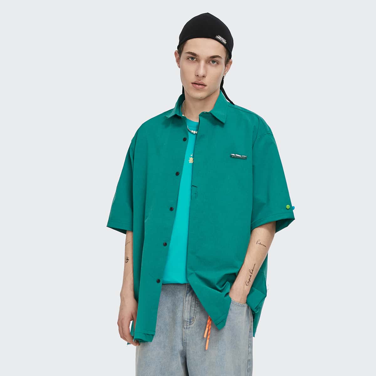 

Guys Button Front Patched Pompom Shirt, Green