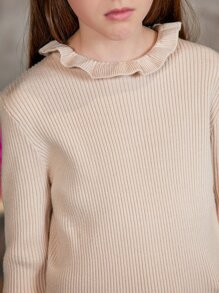 SHEIN Girls Ruffle Trim Ribbed Knit Sweater - Apricot - View 4