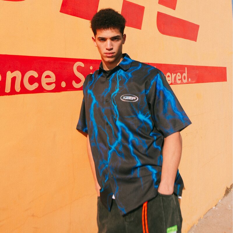 Guys Button Front Lightning Print Shirt, Black