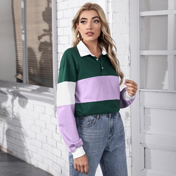 

Buttoned Half Placket Colorblock Pullover, Multicolor