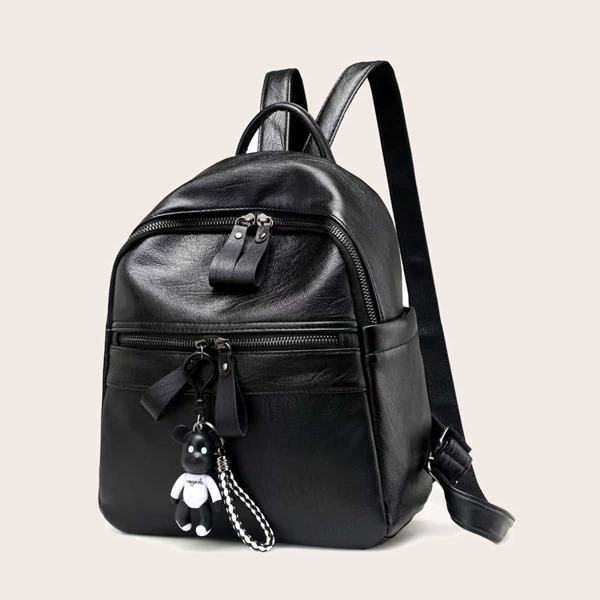 

Cartoon Charm Zipper Backpack, Black