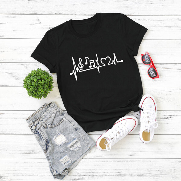 

Plus Music Note And Heart Print Tee, Black