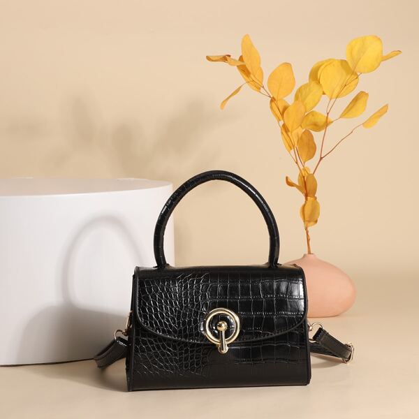 

Croc Embossed Flap Satchel Bag, Black