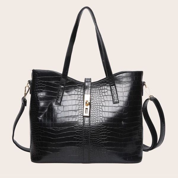 

Croc Embossed Turn-lock Tote Bag, Black