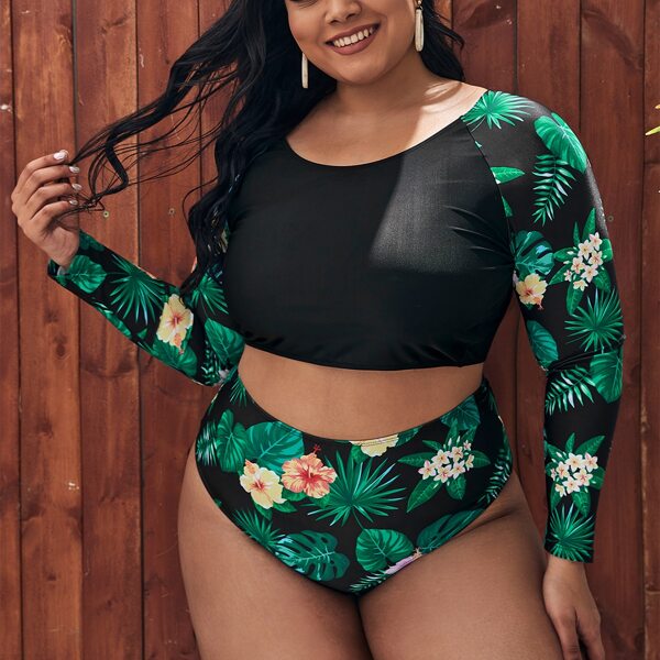 

Plus Floral & Tropical High Waisted Bikini Swimsuit, Multicolor