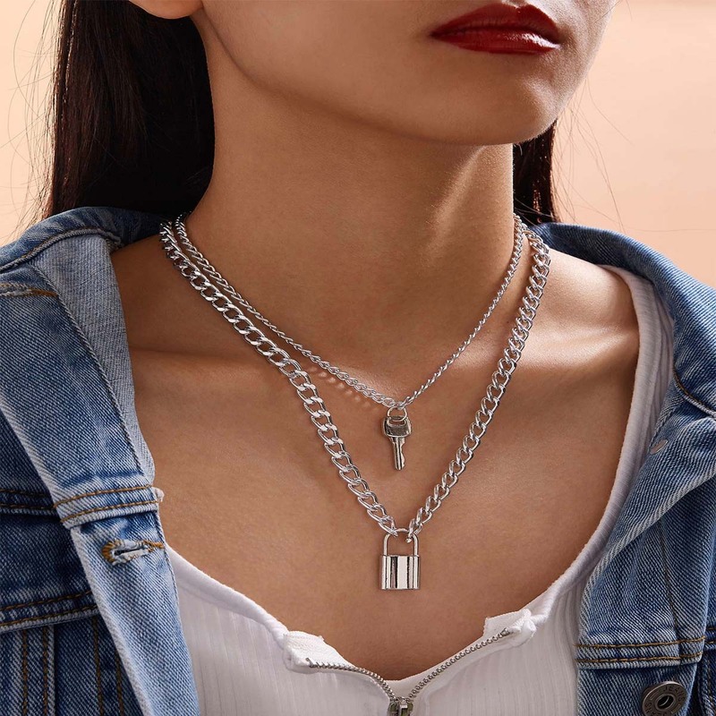 

Key & Lock Design Layered Necklace, Silver