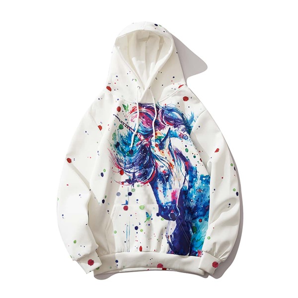 

Men Unicorn Print Kangaroo Pocket Drawstring Hoodie, Multicolor