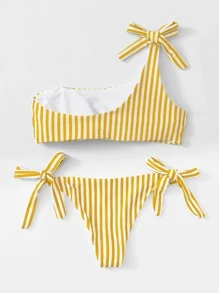 Striped One Shoulder Tie Side Bikini Set Summer Beach - Yellow - View 2