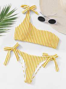 Striped One Shoulder Tie Side Bikini Set Summer Beach - Yellow - View 3