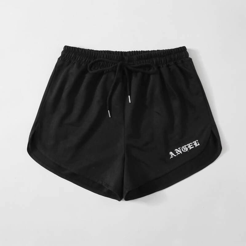 

Letter Embroidery Tie Front Shorts, Black