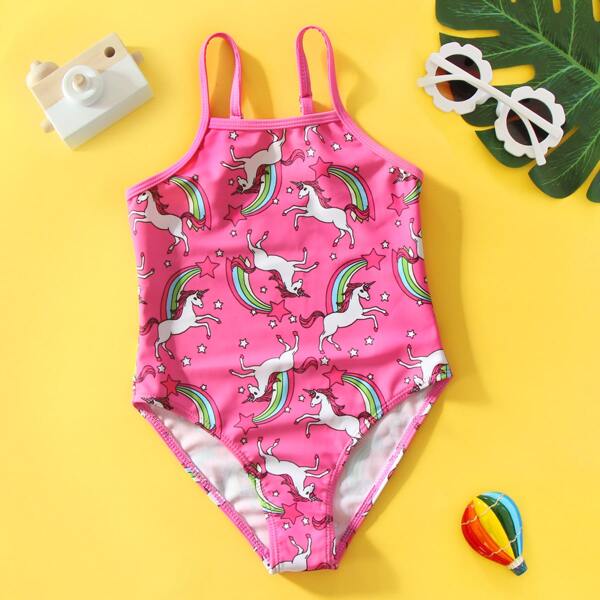 

Toddler Girls Unicorn Print One Piece Swimsuit, Hot pink