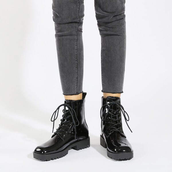 

Patent Square Toe Lace-up Front Combat Boots, Black