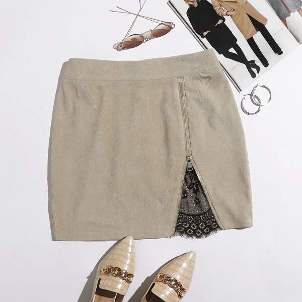 

Zip Side Contrast Lace Corduroy Skirt, Khaki