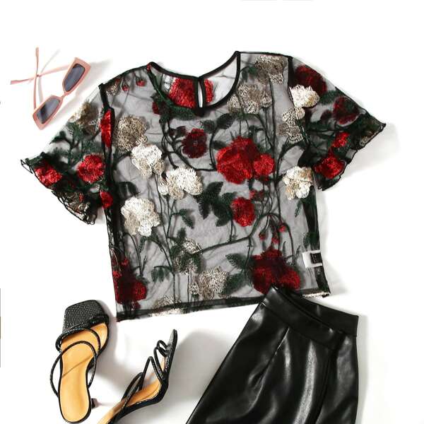 

Floral Flounce Sleeve Sheer Embroidered Mesh Top, Multicolor