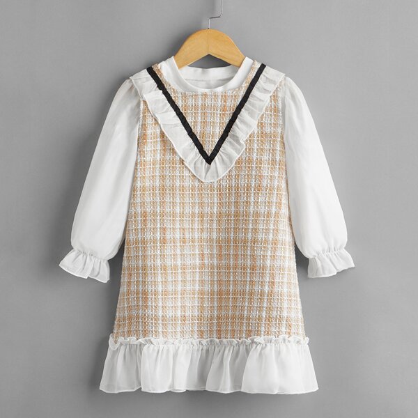 

Toddler Girls Flounce Sleeve Blouse & Ruffle Trim Tweed Dress, Multicolor