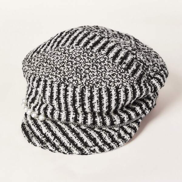 

FAUX PEARL DECOR BAKER BOY CAP, Black and white