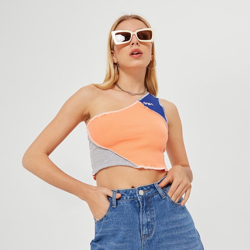 

Contrast Stitching One Shoulder Colorblock Top, Multicolor
