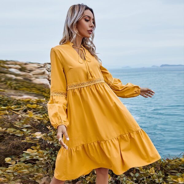 

Solid Tie Neck Babydoll Dress, Yellow