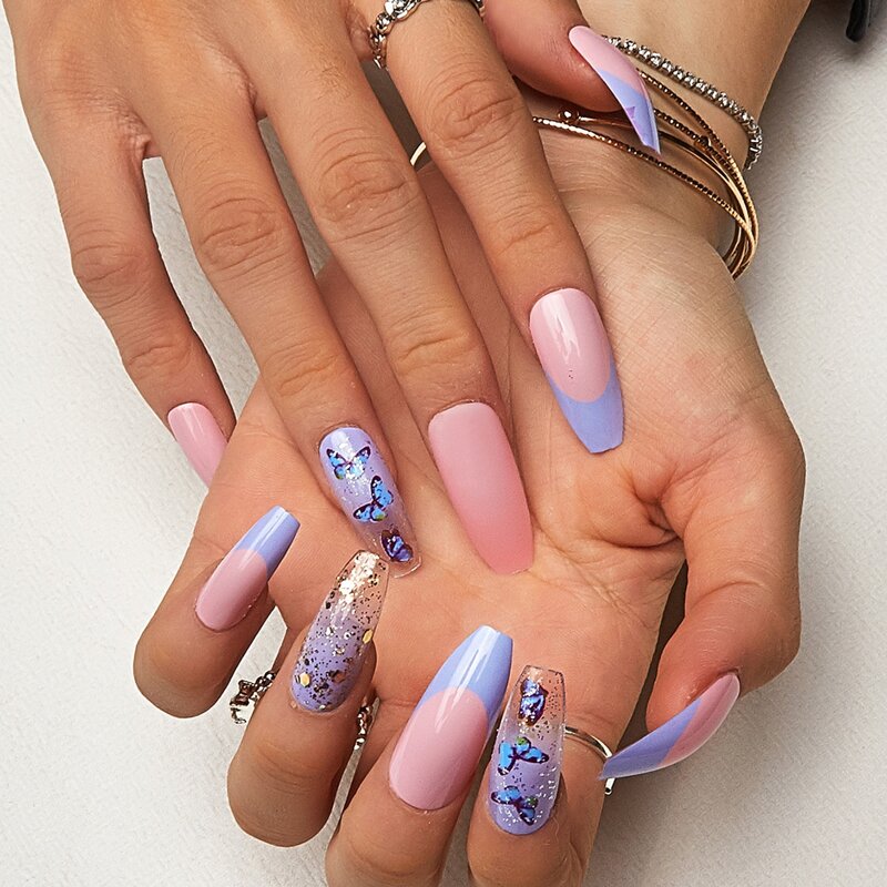 

24pcs Butterfly Print Fake Nail & 1sheet Tape, Multicolor