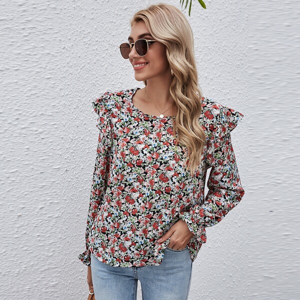 

Floral Print Ruffle Trim Blouse, Multicolor